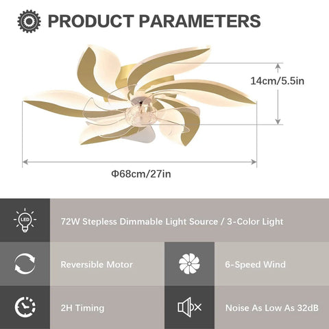 Product dimensions and features of Cool Ceiling Fan With Lights LED Flower Shape Flush Mount Low Profile Lamp Remote Control 3 Color Dimmable 6 Speeds 27 Inch Smart Timing Modern Bedroom Ceiling Light Fan.