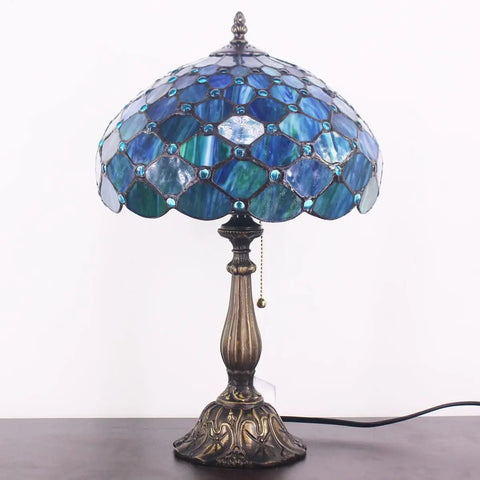 Sea Blue Pear Stained Glass Shade Tiffany Style Table Lamp With 12 Inch Wide 19 Inch Tall Antique Bronze Base UL Listed Reading Light