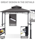 8x5 Grill Gazebo With LED Lighting For Outdoor BBQ And Backyard Grilling Dark Grey Patio Canopy Shelter For Parties And Family Cookouts All Season Long with steel frame, LED lights, utensil hooks, and bottle opener.