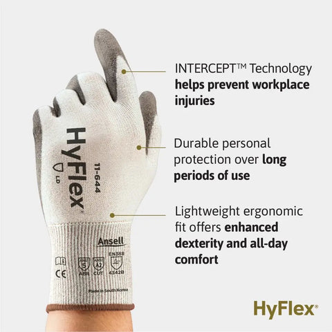 HyFlex 11 644 Mechanical Protection Cut Resistant Industrial Glove Small White And Grey showing Intercept Technology features.