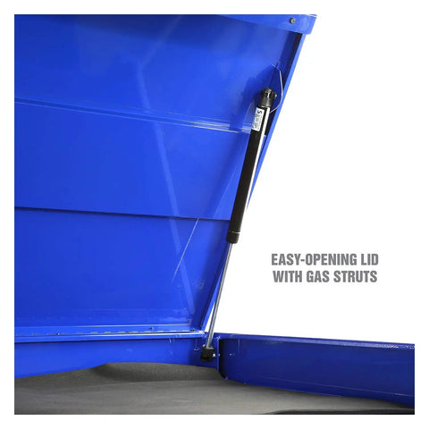 Pro Level Heavy Duty 72 Inch 15 Drawer Tool Chest With Secure Locking Front showcasing easy-opening lid with gas struts.