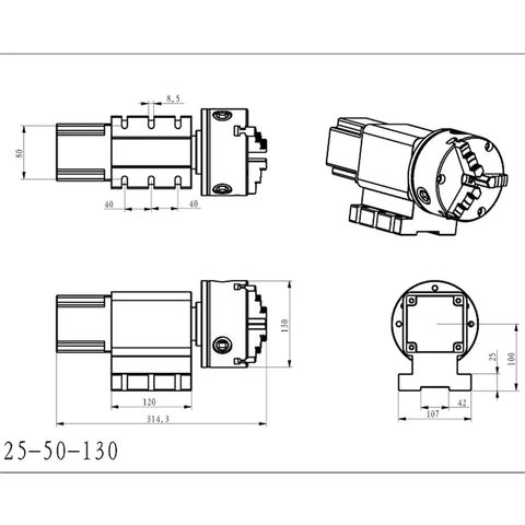 Technical drawing of Heavy Duty CNC Rotary Fourth Axis Kit With Workhorse Harmonic Reducer Gearbox And Tough As Nails 130Mm Chuck.