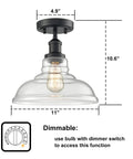 Dope Semi Flush Mount Glass Dome Ceiling Light Fixture With Modern Metal Frame For Hallways Entryways Cafes Bars Corridors And Porches Bright Clear Illumination, showing dimensions and dimmable feature with beige bulb.