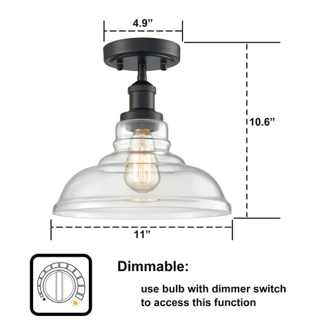 Dope Semi Flush Mount Glass Dome Ceiling Light Fixture With Modern Metal Frame For Hallways Entryways Cafes Bars Corridors And Porches Bright Clear Illumination, showing dimensions and dimmable feature with beige bulb.