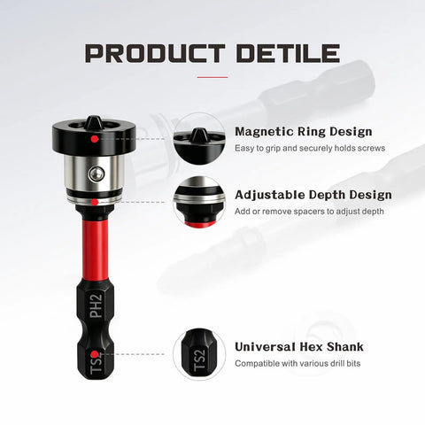 Image showing 6 Pcs Magnetic Drywall Screw Setter Bits Featuring Ph2 Depth Stop Dimpler Adapter, magnetic ring, adjustable depth design.