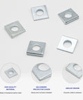 Beveled Square Washer Set delivers a flat, load-distributing surface for bolts on inclined or uneven surfaces, 10 hardened washers displayed.