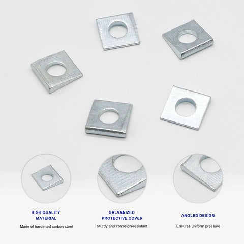 Beveled Square Washer Set delivers a flat, load-distributing surface for bolts on inclined or uneven surfaces, 10 hardened washers displayed.