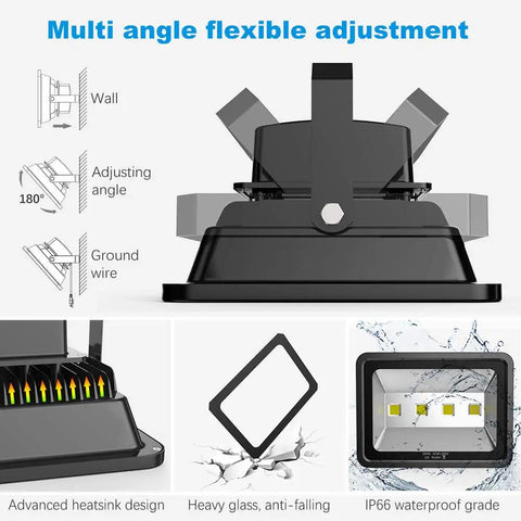 Diagram showing adjustable mounting and features of Ultra Bright 200W LED Flood Light 6000K Daylight White, 20000Lm Outdoor Security Lighting