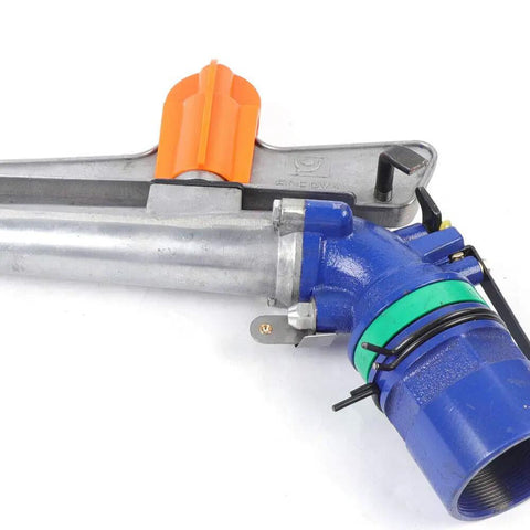 The Ultimate Workhorse 2 Inch Adjustable Irrigation Sprinkler Spray Gun with zinc alloy construction and orange connector.