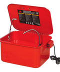 Heavy Duty Steel Parts Washer With Rapid Fluid Recycler Badass At Sloughing Off Grit On Gears Carburetors And Motor Blocks Pro Shop Staple Quick Dry Red Edition open with lid, showing 3.5-gallon capacity.