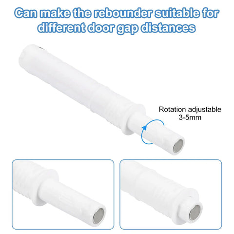 White Magnetic Push Latch Set for Cabinet Doors with adjustable rotation 3-5mm, durable plastic, 73x10 mm size in 2 pack.