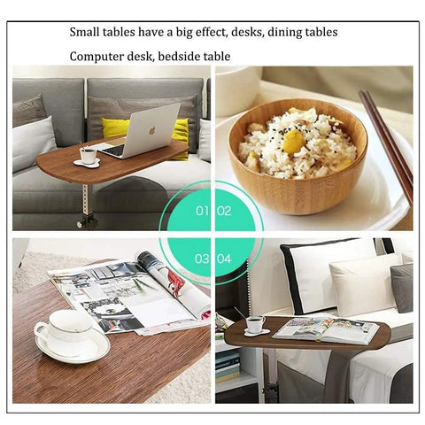 Easy Slide Height Adjustable Bedside Cart For Living Room Or Bedroom, Flexible Mobile Laptop Table That Rolls Under Couch Or Bed To Keep Your Daily Grind Comfy And Stress Free, shown in four views, with a laptop, snacks, and magazines.