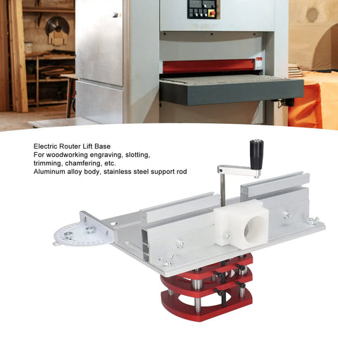 Premium Stainless Steel Router Table Lift System With Precision Insert Base Plate on workbench for woodworking tasks.