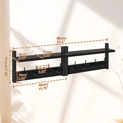 Front view of Coat Rack Shelf Wall Mount With 8 Hooks Set Of 2 Thirty One And A Half Inch Floating Shelf And Hat Rack Black Slick Entryway Organizer.