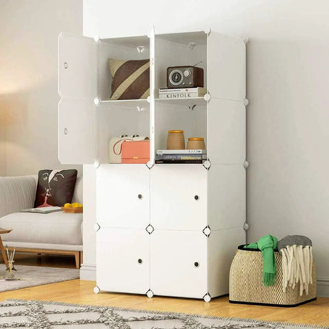 Eight Cube Storage Organizer In White 28 Inch Wide By 18 Inch Deep By 56 Inch Tall Closet And Toy Organizer shown in a living room