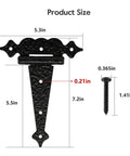Heavy Duty T Strap Gate Hinges 6 Inch Decorative Hammered Finish Rust Proof Steel Outdoor Wood Gate Barn Shed Door Hardware 4 Pack with dimensions.