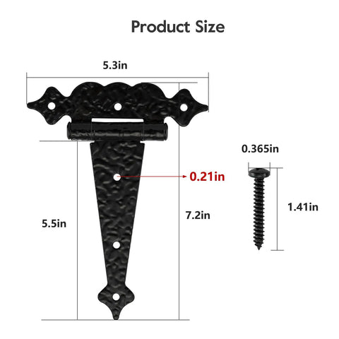 Heavy Duty T Strap Gate Hinges 6 Inch Decorative Hammered Finish Rust Proof Steel Outdoor Wood Gate Barn Shed Door Hardware 4 Pack with dimensions.