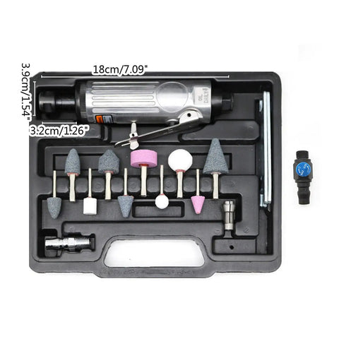 Heavy Duty Air Die Grinder Kit With 1/4 Inch Straight Shaft And Rugged Aluminum Housing includes multiple grinding bits and case.