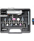 Shop Ready 16 Piece Pneumatic Air Die Grinder Kit with tools in black case, showcasing aluminum grinder and bits for auto fabrication.