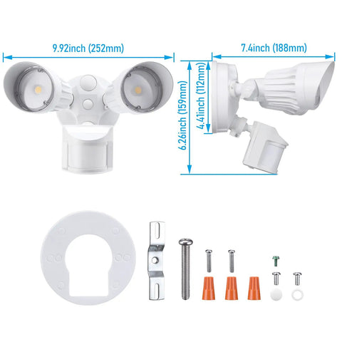 Powerful Outdoor Motion Sensor Flood Light With Adjustable Heads Dusk To Dawn 100 To 277V 5000K Daylight IP65 Aluminum ETL Listed