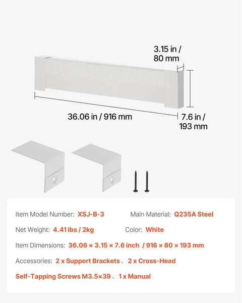Heavy Duty Baseboard Heater Cover 3 Ft For Easy Bedroom Replacement Steel Front Panel Cover White Finish dimensions and parts diagram