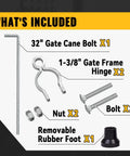 Heavy Duty Gate Drop Rod One And Three Eighths Inch By Thirty Two Inch Cane Bolt For Chain Link Fence Stabilizes Single Or Double Gates With Removable Rubber Foot For Extra Stability And Easy Ground Contact 1 Pack components including cane bolt, gate frame hinges, bolts, nuts, and removable rubber foot.