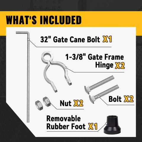 Heavy Duty Gate Drop Rod One And Three Eighths Inch By Thirty Two Inch Cane Bolt For Chain Link Fence Stabilizes Single Or Double Gates With Removable Rubber Foot For Extra Stability And Easy Ground Contact 1 Pack components including cane bolt, gate frame hinges, bolts, nuts, and removable rubber foot.