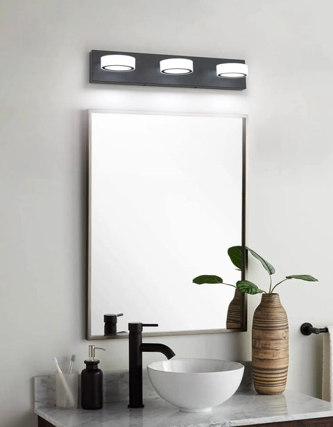 Matte Black Vanity Lights Over Mirror Three Light Modern Bathroom Fixture With Rotatable Oval Lampshades, sleek decor