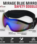 Mirage Vented Safety Goggles With Adjustable Elastic Band And Protective Pouch For Outdoor Activities UV Protection Blue Mirror Lenses Dustproof Design For Men And Women with anti-scratch and polycarbonate lens.