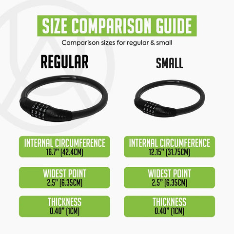 Size comparison of 4 Digit Combo Fridge Lock For Kids And Adults showcasing regular and small sizes with measurements.