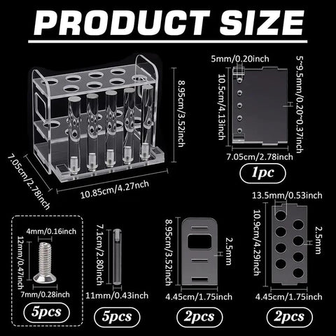 Clear Acrylic Test Tube Holder Rack With Eight Slots And Five Drying Poles with dimensions and parts displayed