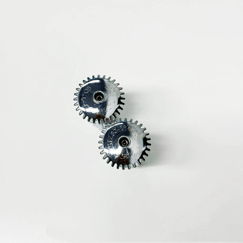 Set Of Two Upright Fire Sprinkler Heads With Half Inch Npt Threads Chrome Plated Copper Housing One Fifty Five Fahrenheit Activation, viewed from above.