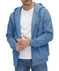 Man wearing Mens Hooded Fleece Lined Full Zip Jacket For Running And Hiking Lightweight Casual Sportswear Coat with Pockets