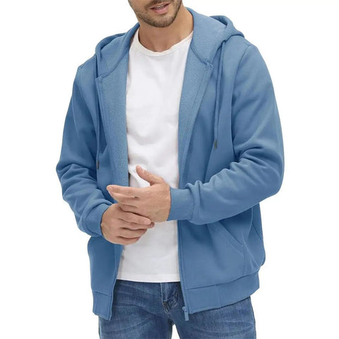 Man wearing Mens Hooded Fleece Lined Full Zip Jacket For Running And Hiking Lightweight Casual Sportswear Coat with Pockets