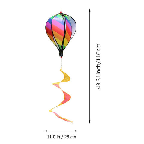 Rainbow Windsock Set Of 3 Hot Air Balloon Wind Spinners for outdoor garden decor featuring colorful stripes and tail, size shown.