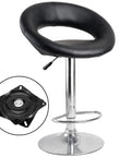 Bar stool with chrome base and inset image of Four Pack 7 Inch Bar Stool Swivel Plates With Ball Bearings Replacement Heavy Duty Black Mount Base