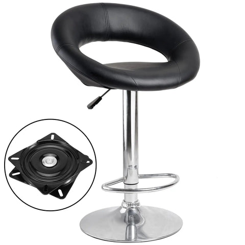 Bar stool with chrome base and inset image of Four Pack 7 Inch Bar Stool Swivel Plates With Ball Bearings Replacement Heavy Duty Black Mount Base