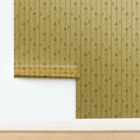Top Tier Beige Floral Stripe Metallic Wallpaper With Glowing Gold Accents And Major Textured Fibrous Finish Clean Aesthetic Wall Covering Eco Certified Pvc Free Made In Usa For Quick Room Glow Ups hanging on a wall.