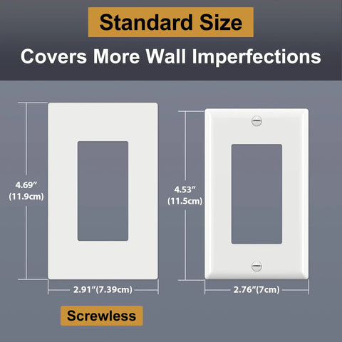 Matte White Screwless 1 Gang Switch Plate Decorator Cover For Light Switch Dimmer USB GFCI Receptacle Standard Size 4.69 Inch High By 2.91 Inch Wide next to a standard cover comparison with dimensions.