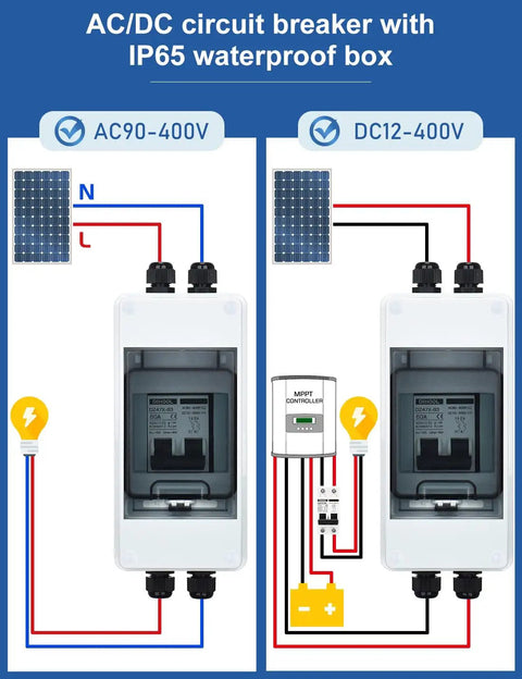 AC DC Solar System Circuit Breaker With IP65 DIN Box 60 Amp Two Pole 12V 400V Non Polarized Solar Panel Disconnect Switch PV Array Shut Off Isolator Weatherproof Durable DIN Rail Mount For DIY Setups with wiring diagram