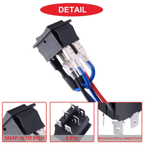 Close-up of 4 Pack Momentary Motor Polarity Reverse DPDT Rocker Switches 12V DC 20A 6 Pin with jumper wires detail