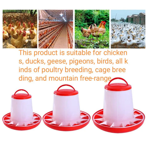 Heavy Duty Plastic Hanging Chicken Feeder For Coop No Nonsense Design Quick Assembly Automatic Poultry Feed Dispenser in various sizes.