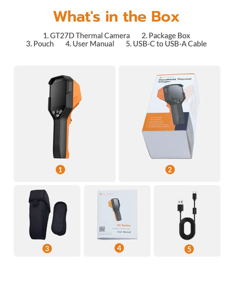 GT27D WiFi Thermal Camera with IR and Visible Light 640x480 High Resolution Real Time Imaging UIRA IR Enhanced Sensor for Pro Grade Temperature Readouts Hotspot Detection and Hidden Defect Scanning in box with pouch, manual, cable