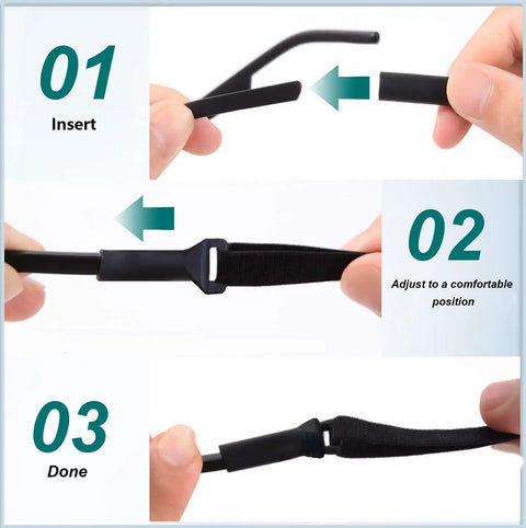 Illustrated steps to use Adjustable Eyeglass Strap Set With Cleaning Cloths For Men Women And Kids, showing insertion and adjustment.