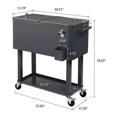 80 Quart Rolling Ice Chest Cooler Cart For Patio And Poolside Parties Portable Bar Beverage Cooler With Drain Plug Easy Clean Stand Up Cart For Backyard BBQ And Outdoor Entertaining Gray, showing dimensions and features