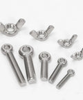 Six Pack Of M8 X 30mm Lifting Shoulder Eye Bolts With Wing Nuts In Stainless Steel Kit For Pipe Fasteners Machinery And Manufacturing Ring Eye Bolts With Butterfly Nuts For Heavy Lifting, shown with bolts and nuts