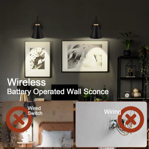 Remote Controlled No Wiring Battery Operated Wall Sconce Set Of Two With Dimmable LED Bulbs Black Faux Wood Industrial Farmhouse Indoor Lighting For Bedroom Living Room And Gallery