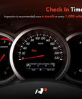 Dashboard instruments illustrating monthly or 1,000-mile vehicle inspection recommendation with odometer and speedometer