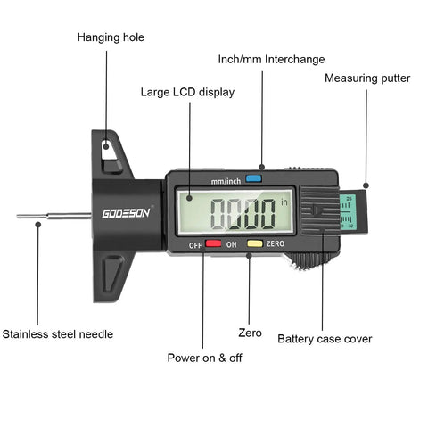 Digital Tire Tread Depth Gauge With Color Coded Bar For Cars Trucks And Motorcycles, Easy Read 0 To 1 Inch (0 To 25.4mm) Precision Up To 0.01mm, Zero It Anywhere, A Must Have Auto Maintenance Tool For Safe Smooth Rides. Black digital tread gauge with stainless steel needle, LCD display, mm/inch switch, zero button