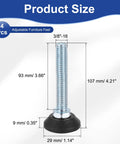 Dang Tough Adjustable Furniture Levelers, 3/8 16 Thread Screw In Feet for Tables Chairs Drawers, showing sizes and dimensions.